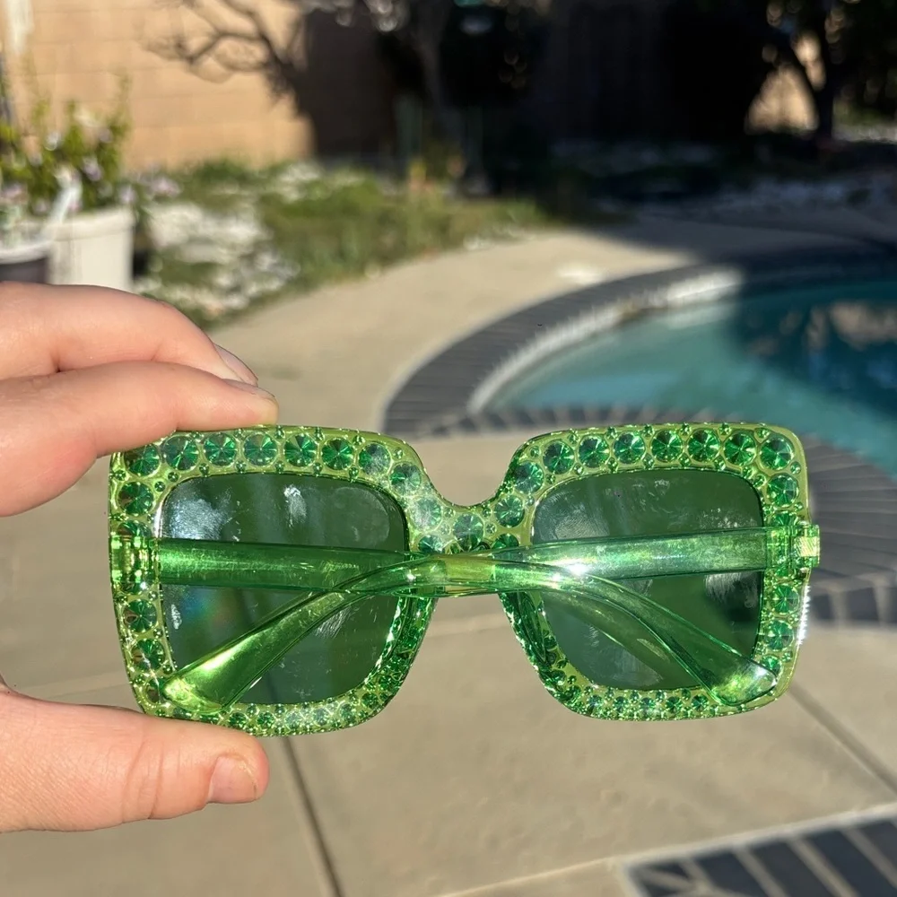 Green Embellished Oversized Sunglasses